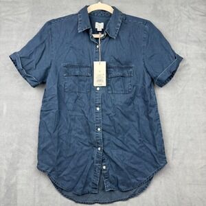 A New Day Dark Indigo Chambray Button Up Shirt Top Size‎ S Roll Tab Sleeves